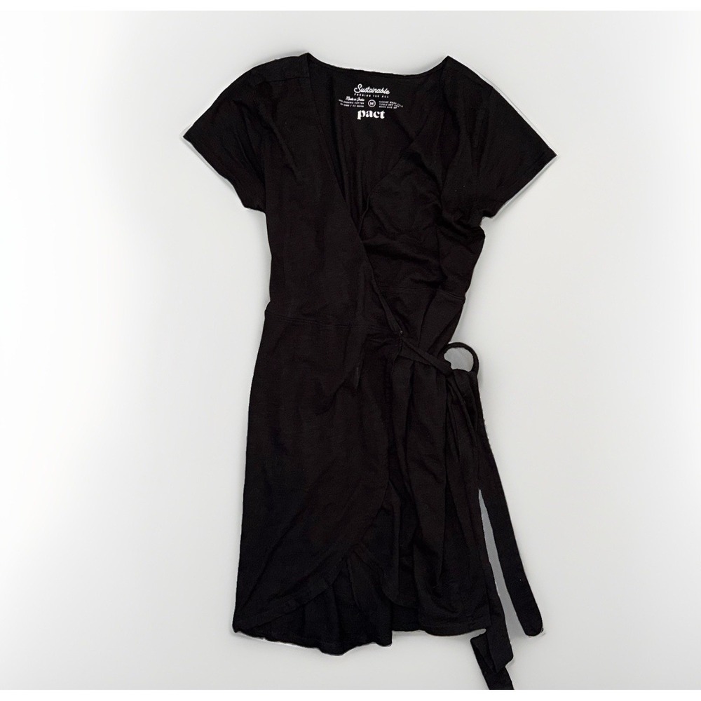 Pact Organic Cotton Dress Short Sleeve Wrap Black M Tie Waist Sustainable